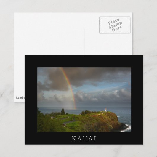 Zwarte tekst briefkaart regenboog en Kilauea Light (Voorkant / Achterkant)