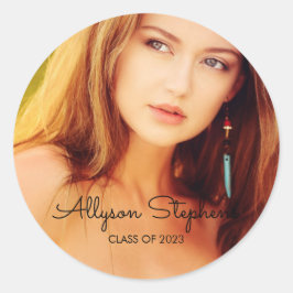 Zwarte tekst in klasscript - Foto-Afstuderen Ronde Sticker