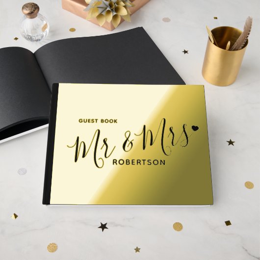 Zwarte tekst kleine hart aangepaste gouden bruilof gastenboek (Voorkant open)