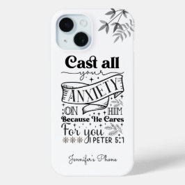 Zwarte Tekst Typografie, 1 Petrus 5:7 Schrift iPhone 15 Case