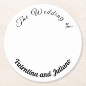 Zwarte teksten op witte achtergrond bruiloft ronde kartonnen onderzetter (Voorkant)