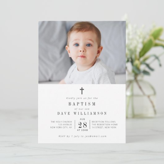 zwarte tekstfoto baptisme-uitnodiging kaart (Staand voorkant)