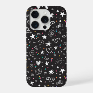 Zwarte telefoonhoes met cute Doodle-patroon en har iPhone 15 Pro Case
