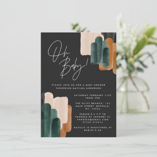 Zwarte terracotta abstracte waterverf baby shower kaart (Staand voorkant)