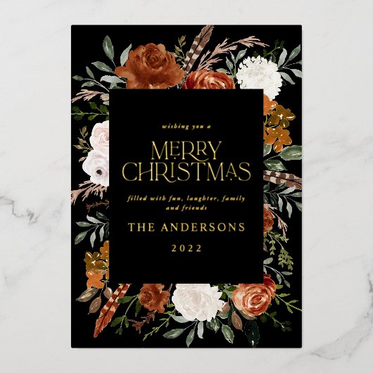 Zwarte terracotta bloem botanisch elegante script  folie feestdagenkaart (Voorkant)
