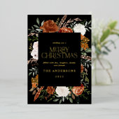 Zwarte terracotta bloem botanisch elegante script  folie feestdagenkaart (Staand Voorkant)