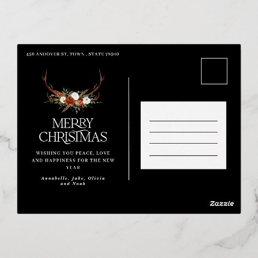 Zwarte terracotta botanische elegante vlek floral folie feestdagen briefkaart (Achterkant)