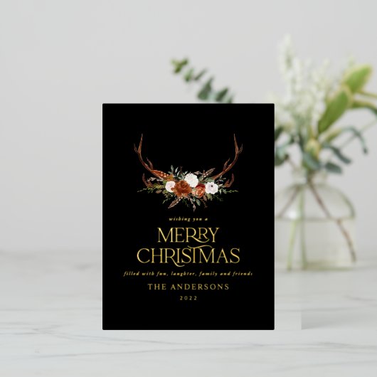 Zwarte terracotta botanische elegante vlek floral folie feestdagen briefkaart (Staand Voorkant)