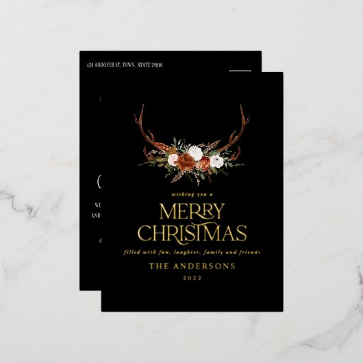 Zwarte terracotta botanische elegante vlek floral folie feestdagen briefkaart (Voorkant / Achterkant)