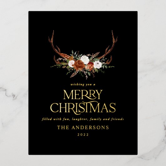 Zwarte terracotta botanische elegante vlek floral folie feestdagen briefkaart (Voorkant)