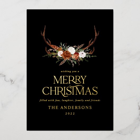 Zwarte terracotta botanische elegante vlek florale folie feestdagenkaart (Voorkant)