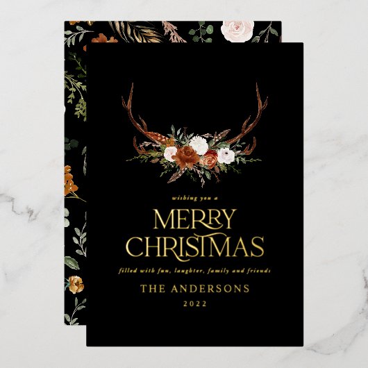 Zwarte terracotta botanische elegante vlek florale folie feestdagenkaart (Voorkant / Achterkant)