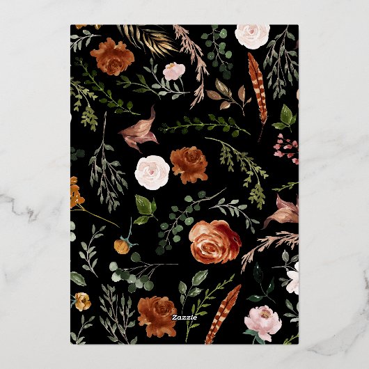 Zwarte terracotta botanische elegante vlek florale folie feestdagenkaart (Achterkant)