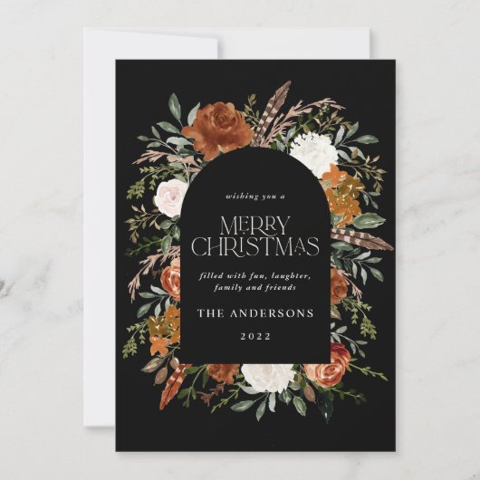 Zwarte terracotta floral botanical elegant arch feestdagenkaart (Voorkant)