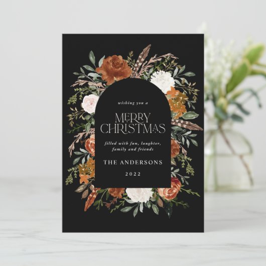 Zwarte terracotta floral botanical elegant arch feestdagenkaart (Staand voorkant)