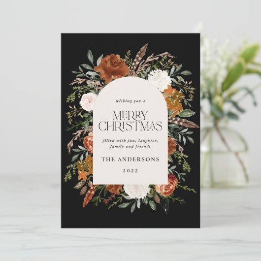 Zwarte terracotta floral botanical elegant arch ho feestdagenkaart (Staand voorkant)