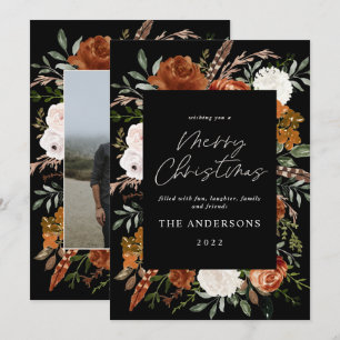 Zwarte terracotta floral botanical elegant foto feestdagenkaart