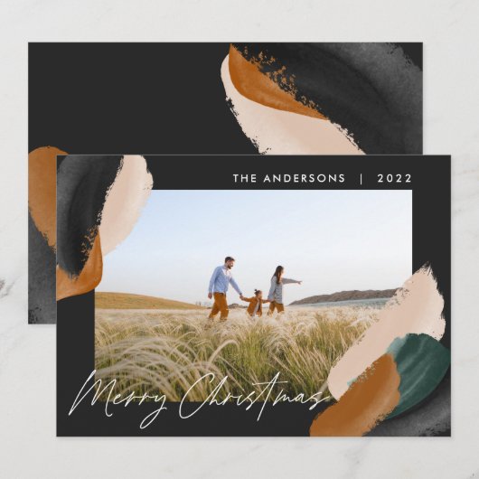 Zwarte terracotta moderne, minimale waterverf foto feestdagenkaart (Voorkant / Achterkant)