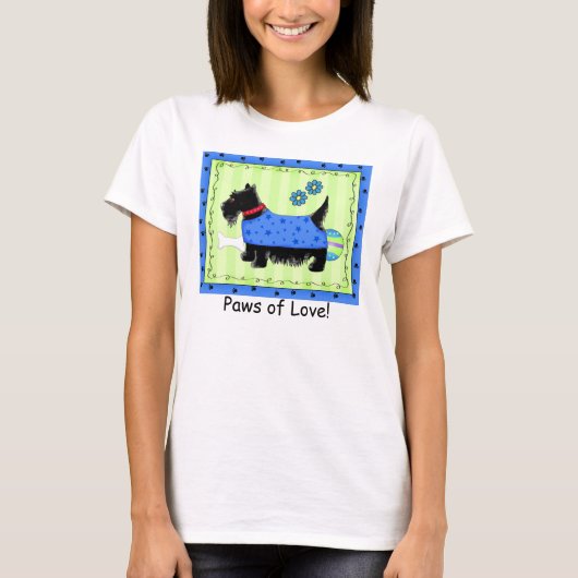 Zwarte Terrier Hond Groen Blauw Scottie Love Paw T-shirt (Voorkant)