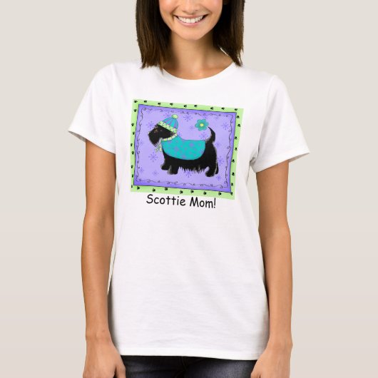 Zwarte Terrier Hond Paarse Groene Custom Scottie M T-shirt (Voorkant)
