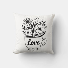  zwarte theekop met bloemenontwerp kussen