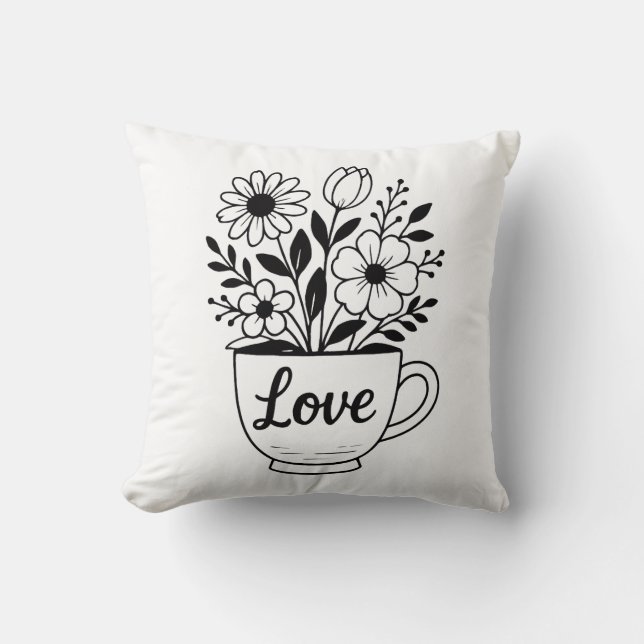  zwarte theekop met bloemenontwerp kussen (Voorkant)