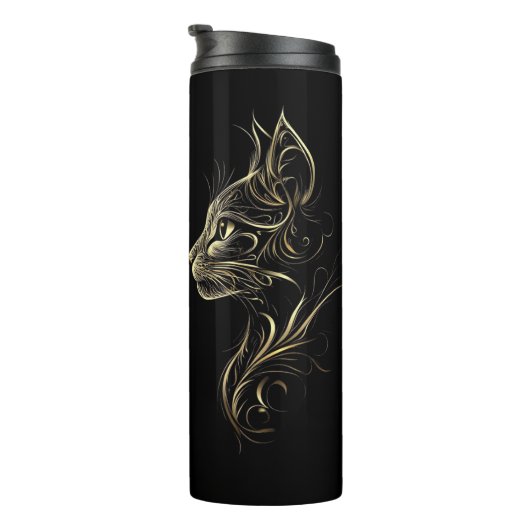Zwarte Thermische Tumbler met Golden Cat Design Thermosbeker (Geroteerd rechts)