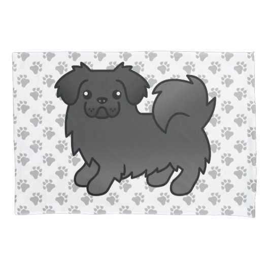 Zwarte Tibetaanse Spaniel Schattige Cartoon Hond & Kussensloop (Voorkant)