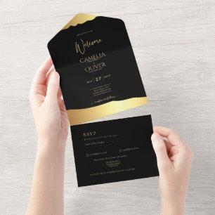 Zwarte Tie Bruiloft Goud Folie Script Elegante Eve All In One Uitnodiging