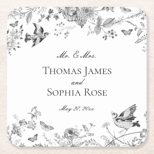 Zwarte Toile De Jouy Bloemen Huwelijk Kartonnen Onderzetters (Voorkant)