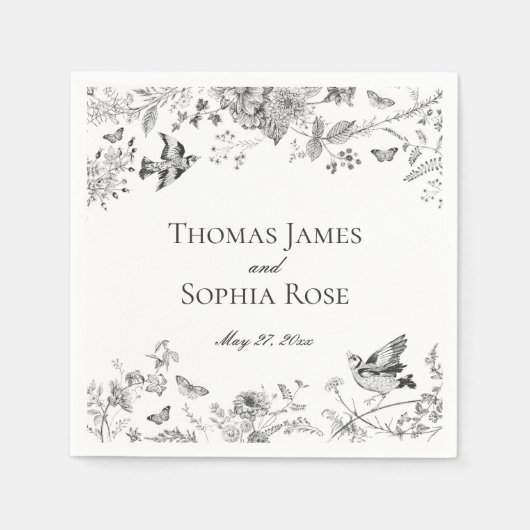 Zwarte Toile De Jouy Bloemen Huwelijk Servet (Voorkant)