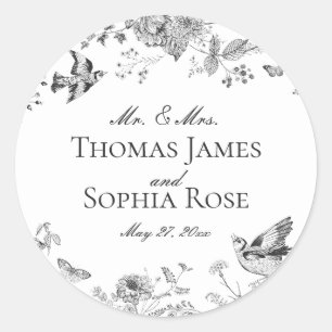 Zwarte Toile De Jouy Bloemen Huwelijksgunst Ronde Sticker