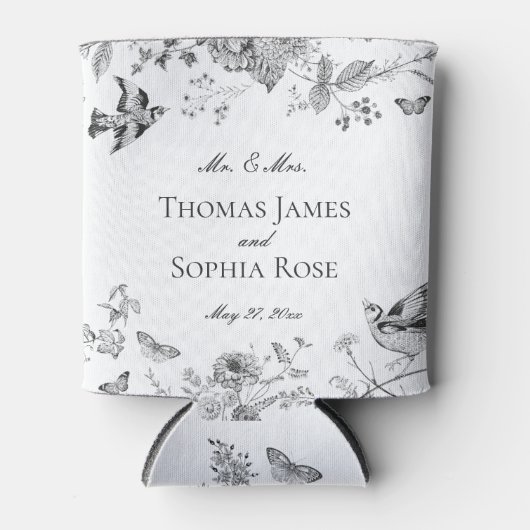 Zwarte Toile De Jouy  Bloemen Huwelijksgunsten Blikjeskoeler (Voorkant)