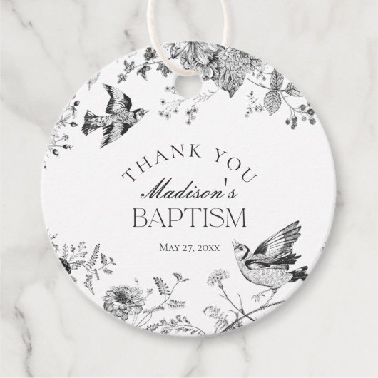 Zwarte Toile De Jouy Bloemendoop Bedankjes Labels (Voorkant)