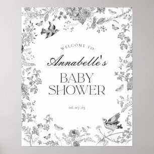 Zwarte Toile Jouy Bloemige Welkomstbord voor Baby Poster