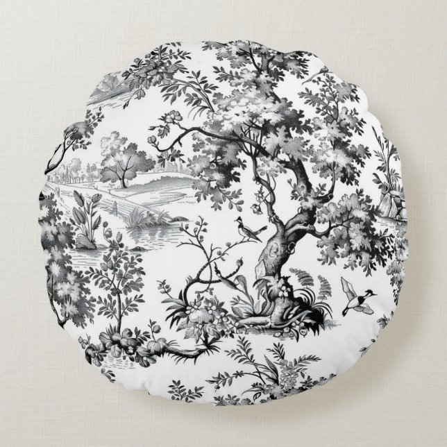 Zwarte Toile Print Rond Kussen (Voorkant)