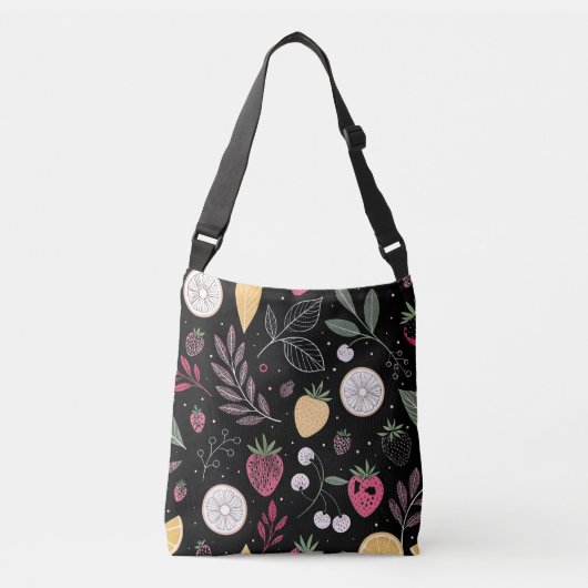“Zwarte Tote Bag met Bloemmotief en Fruit” (Voorkant)