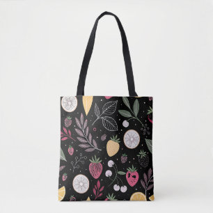 “Zwarte Tote Bag met Bloemmotief en Fruit”