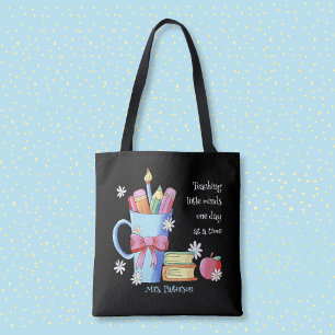 Zwarte tote bag voor leraren met citaat en naam