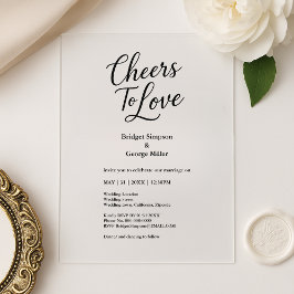 Zwarte transparante Cheers to Love Elegant Wedding Acryl Uitnodigingen