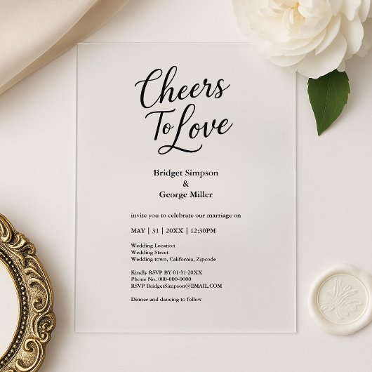 Zwarte transparante Cheers to Love Elegant Wedding Acryl Uitnodigingen