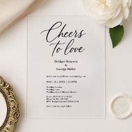 Zwarte transparante Cheers to Love Elegant Wedding Acryl Uitnodigingen