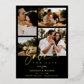 Zwarte trendy collage bruiloft 4 foto's echt goud folie uitnodiging (Voorkant)