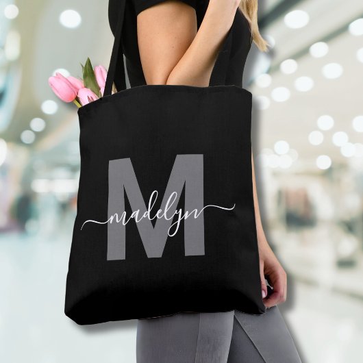 Zwarte Trendy Moderne Script Naam Monogram Tote Bag