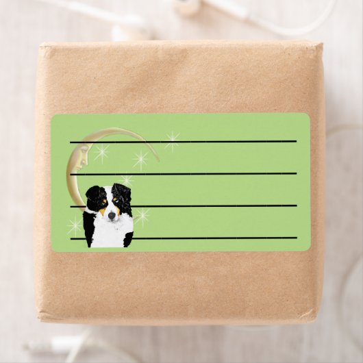 Zwarte Tri Australische Herder met Maan en Sterren Etiket (Insitu)