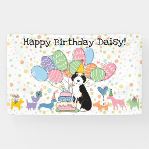 Zwarte Tri Color Aussiedoodle Hond Verjaardagsfees Spandoek