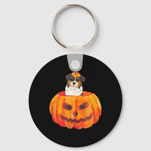 Zwarte Tri Kleur Aussie Hond Fijne Halloween Pompo Sleutelhanger (Voorkant)