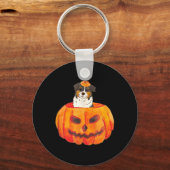 Zwarte Tri Kleur Aussie Hond Fijne Halloween Pompo Sleutelhanger (Voorkant)