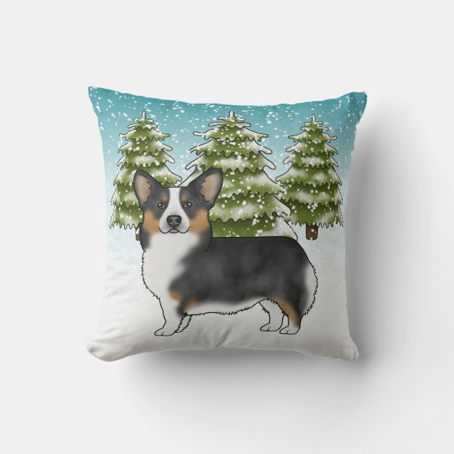 Zwarte Tri Pembroke Corgi Snowy Winter Kerstmis Kussen (Voorkant)