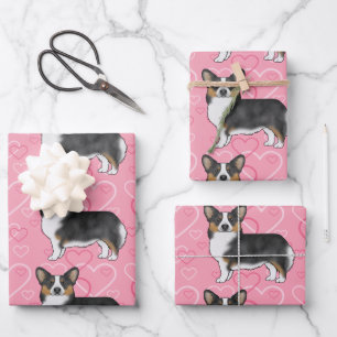 Zwarte Tri Pembroke Welsh Corgi Liefdeshartjes Roz Inpakpapier Vel